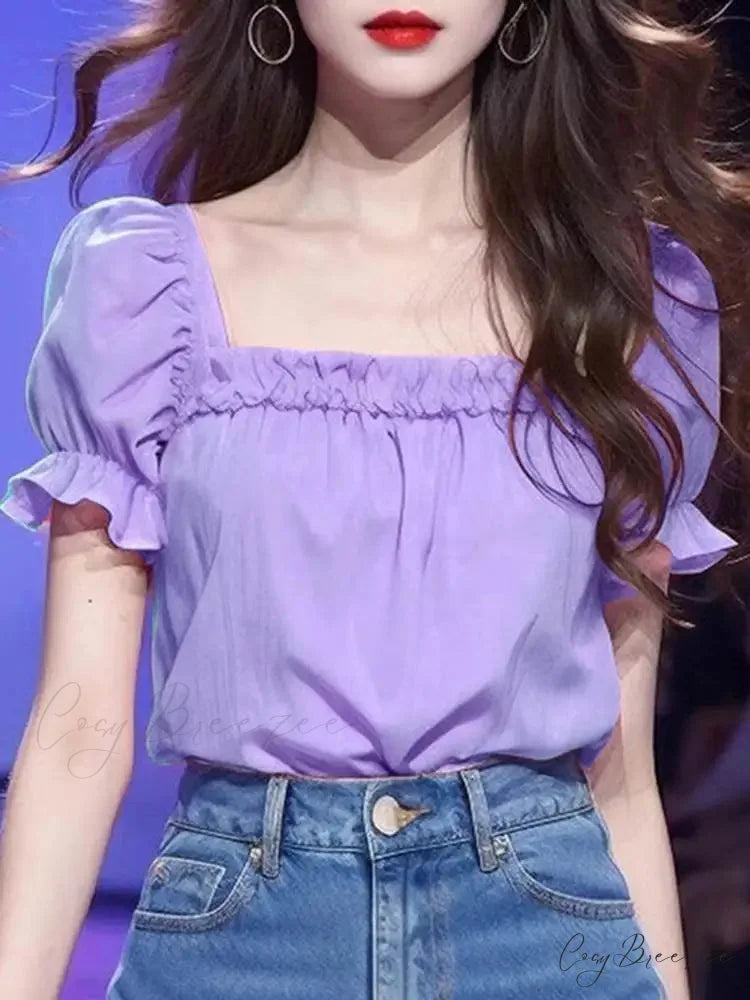 Plain Color Frilled Square-neck Short Sleeve Blouse PURPLE / S blouse-250126