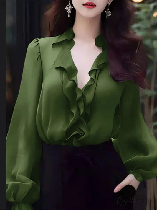 Plain Color Frilled V-neck Puffy Sleeve Blouse Green / S blouse-250126