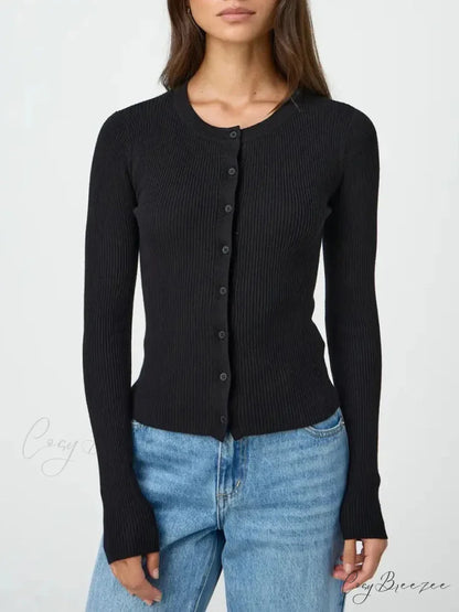 Plain Color Ribbed Full Sleeve Knit Cardigan black / S cardigans-241228
