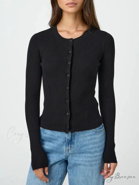 Plain Color Ribbed Full Sleeve Knit Cardigan black / S cardigans-241228