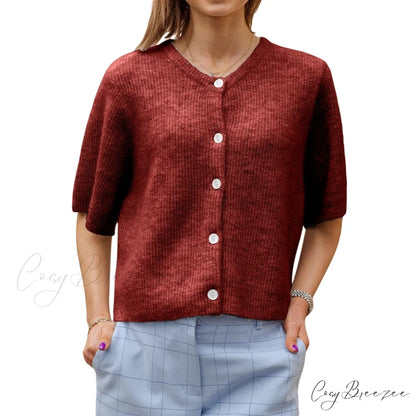 Plain Color Short Sleeve Button Cardigan Burgundy / S cardigans-241228