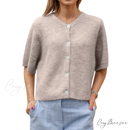 Plain Color Short Sleeve Button Cardigan light brown / S cardigans-241228