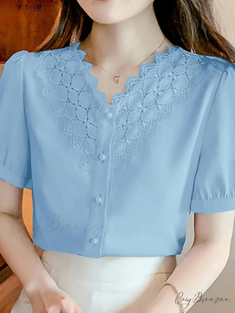 Plain Color V-neck Short Sleeve Office-ready Blouse Blue / S blouse-250126