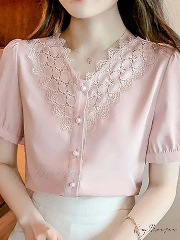 Plain Color V-neck Short Sleeve Office-ready Blouse Pink / S blouse-250126