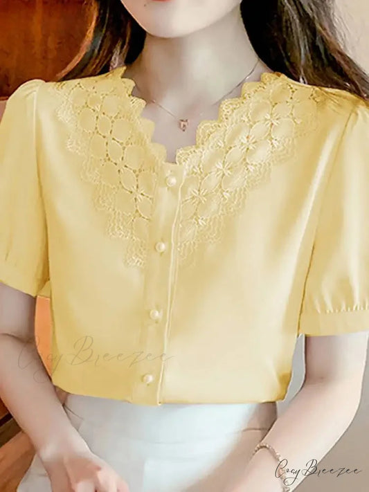 Plain Color V-neck Short Sleeve Office-ready Blouse Yellow / S blouse-250126