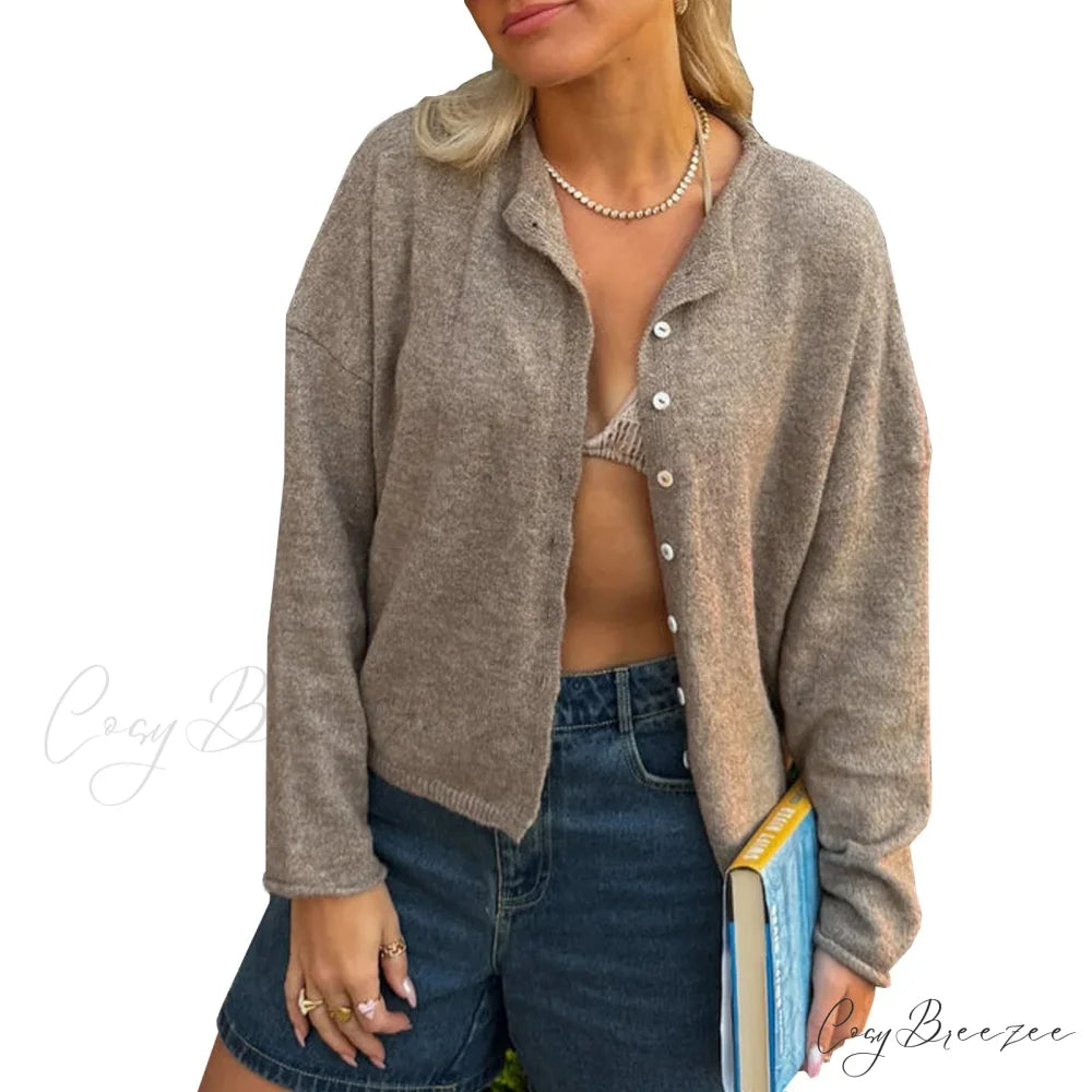 Plain Cozy Button-front Knit Cardigan light brown / S cardigans-241228