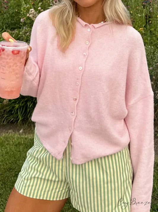 Plain Cozy Button-front Knit Cardigan Pink / S cardigans-241228