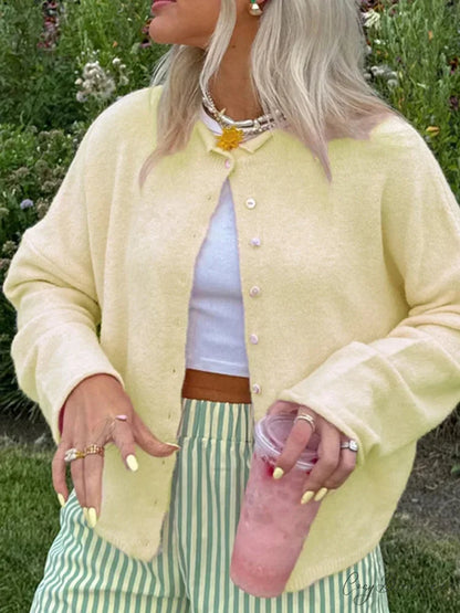 Plain Cozy Button-front Knit Cardigan Yellow / S cardigans-241228
