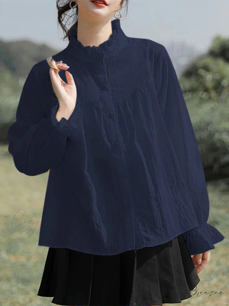 Plain Frilled Stand-up Collar Long Sleeve Blouse Dark Blue / S blouse-250126