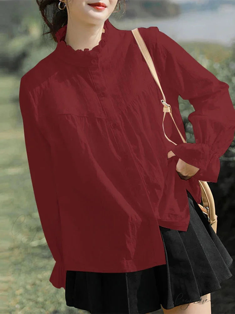 Plain Frilled Stand-up Collar Long Sleeve Blouse Red / S blouse-250126