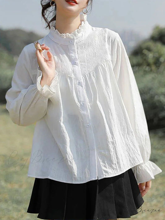 Plain Frilled Stand-up Collar Long Sleeve Blouse WHITE / S blouse-250126