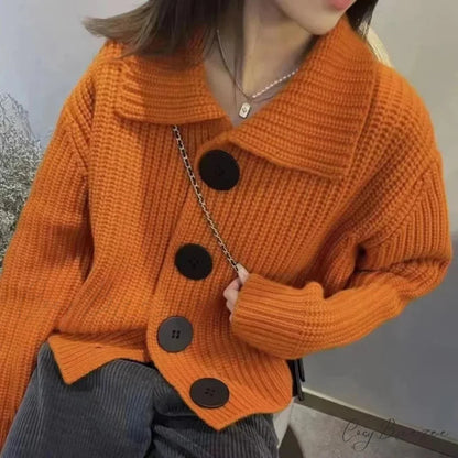 Plain Full Sleeve Single-Breasted Cardigan Orange / One Size cardigans-241228