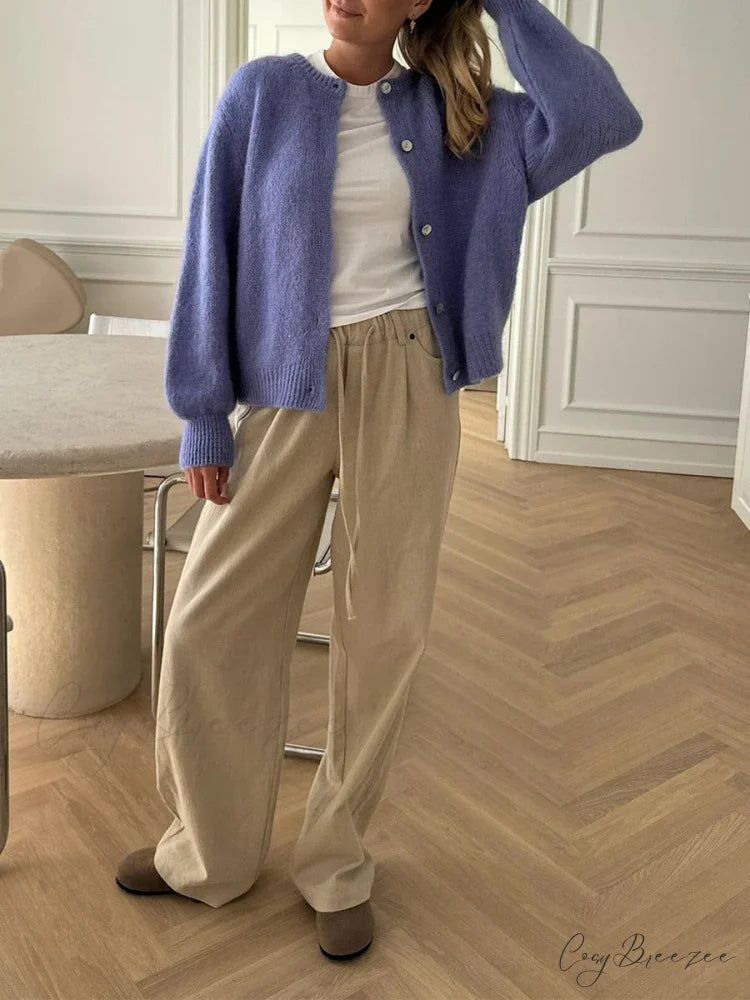 Plain Fuzzy Button Down Knit Cardigan cardigans-241228