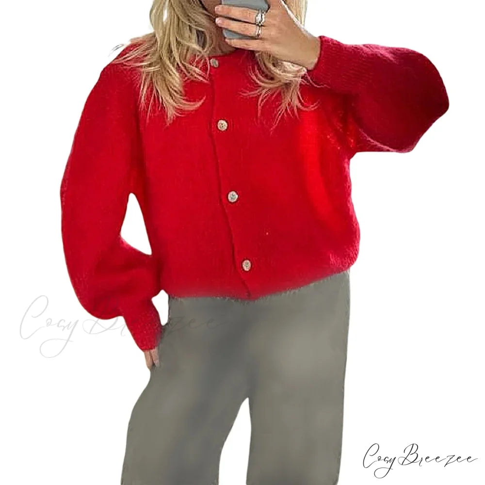 Plain Fuzzy Button Down Knit Cardigan Red / S cardigans-241228