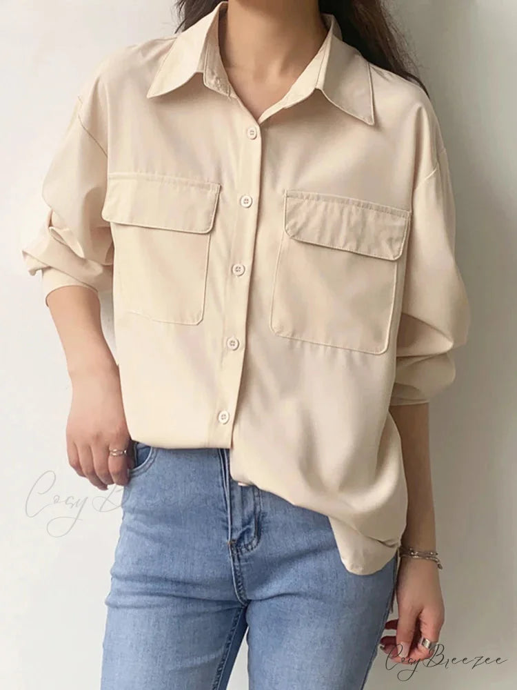 Plain Harajuku Collar Relaxed Blouse Beige / S blouse-250126