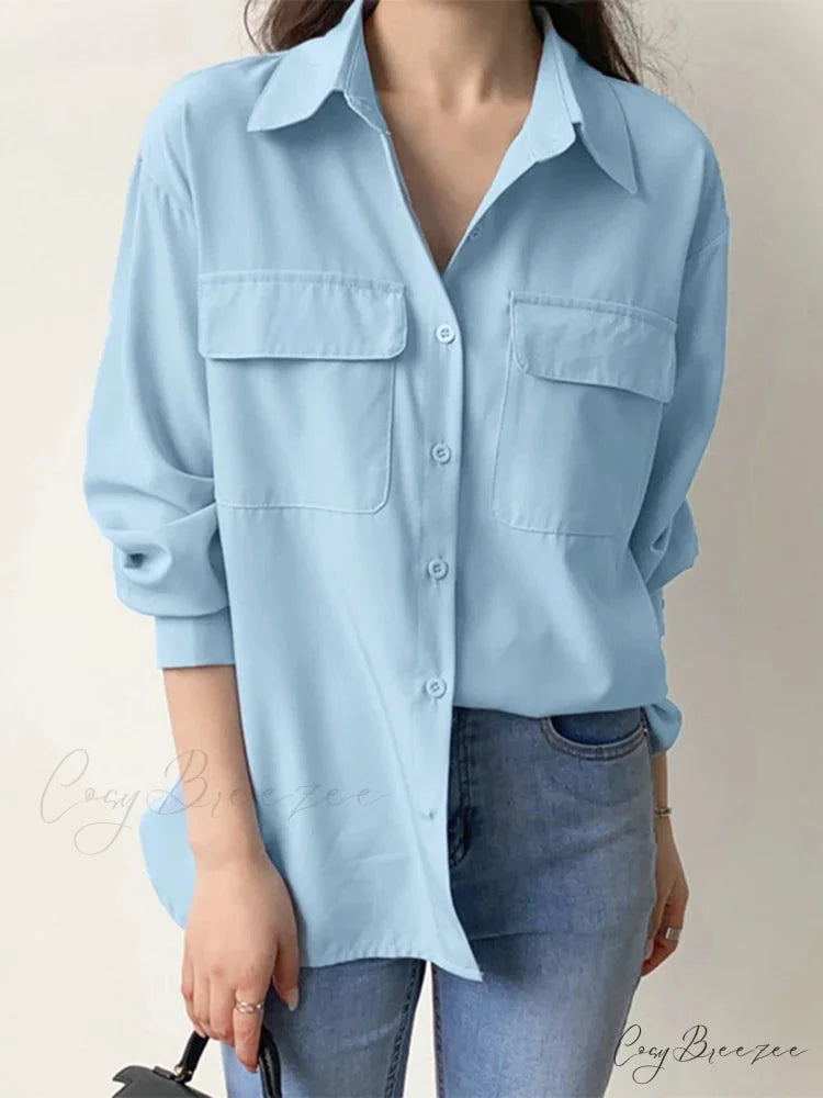 Plain Harajuku Collar Relaxed Blouse Blue / S blouse-250126