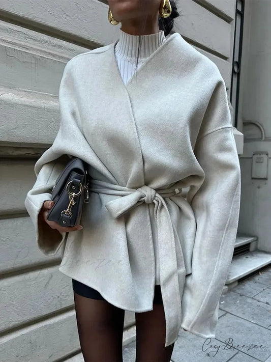 Plain Lace-up V-neck Cardigan Coat coats-241228