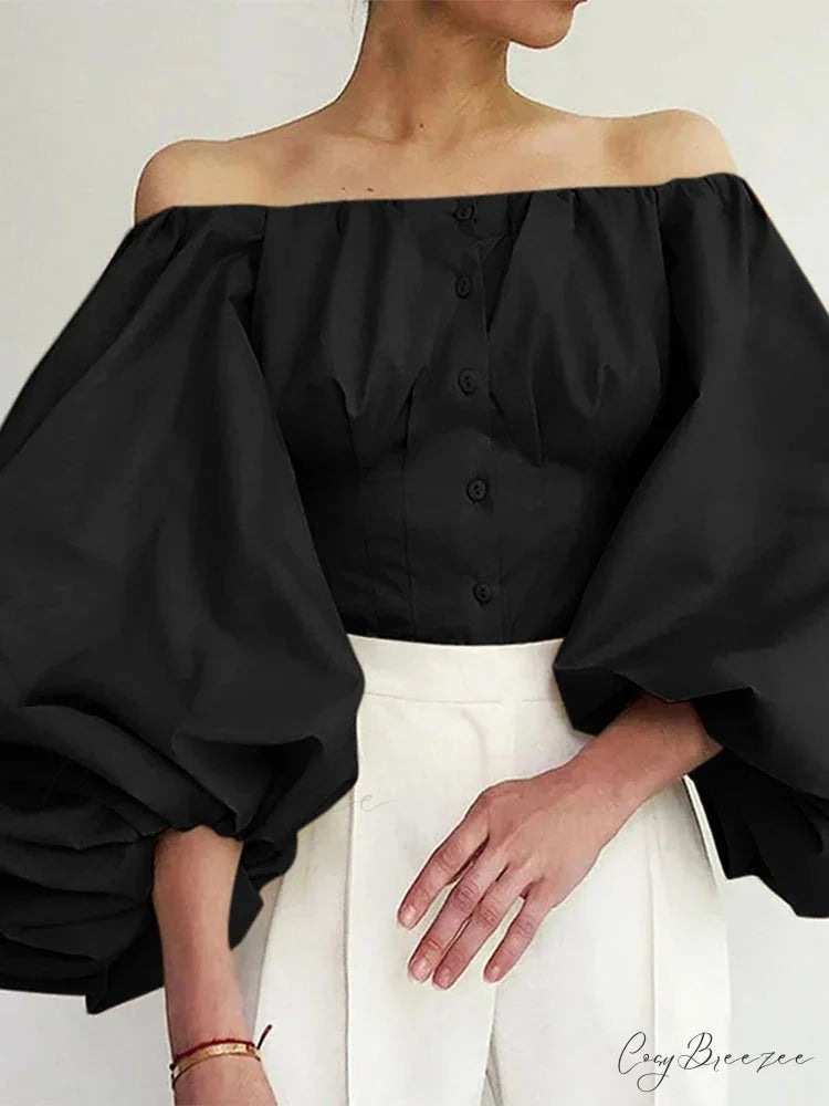 Plain Off-shoulder Puffy Sleeve Trendy Blouse Black / 2XL blouse-250126