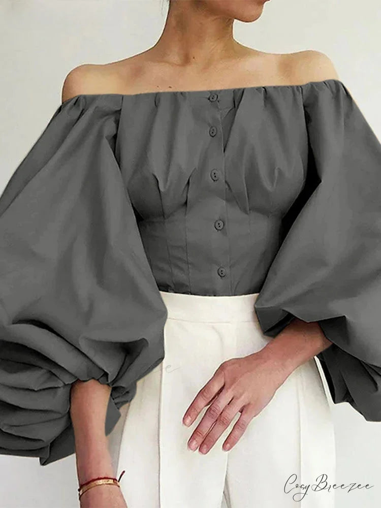 Plain Off-shoulder Puffy Sleeve Trendy Blouse Grey / 2XL blouse-250126