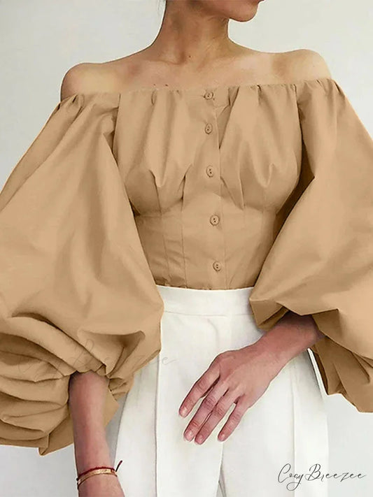 Plain Off-shoulder Puffy Sleeve Trendy Blouse Nude / 2XL blouse-250126