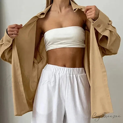 Plain Relaxed Cotton Refined Autumn Blouse blouse-250126