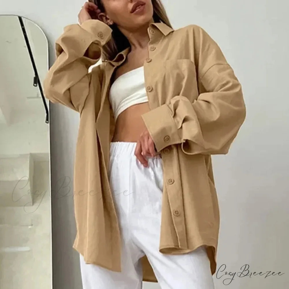Plain Relaxed Cotton Refined Autumn Blouse blouse-250126