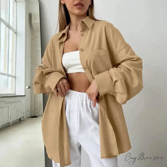Plain Relaxed Cotton Refined Autumn Blouse Khaki / S blouse-250126