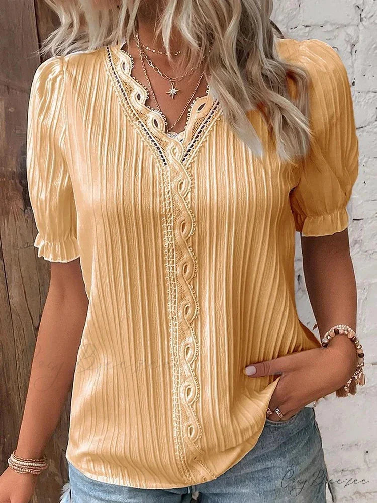 Plain Seductive V-neck Spliced Short Sleeve Blouse blouse-250126