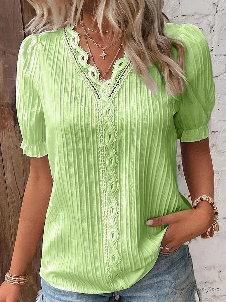 Plain Seductive V-neck Spliced Short Sleeve Blouse blouse-250126