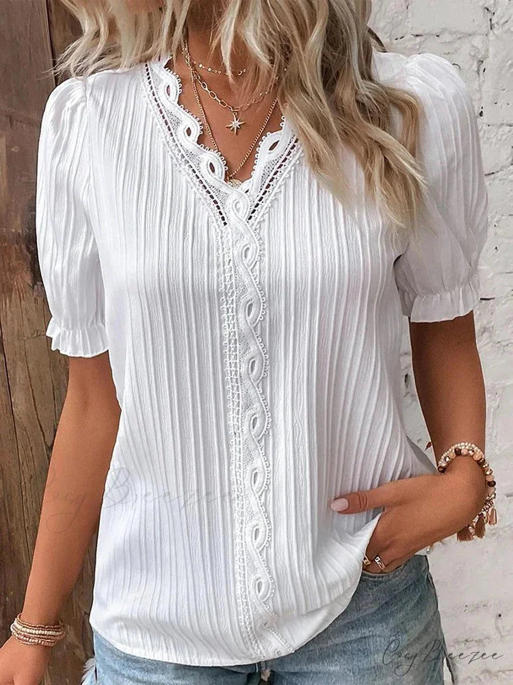 Plain Seductive V-neck Spliced Short Sleeve Blouse blouse-250126