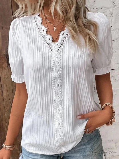Plain Seductive V-neck Spliced Short Sleeve Blouse blouse-250126