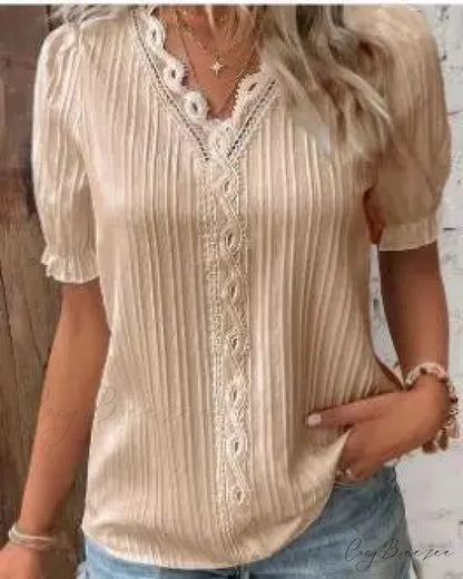 Plain Seductive V-neck Spliced Short Sleeve Blouse APRICOT / S blouse-250126