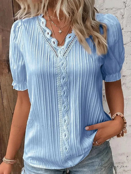 Plain Seductive V-neck Spliced Short Sleeve Blouse SKY BLUE / S blouse-250126