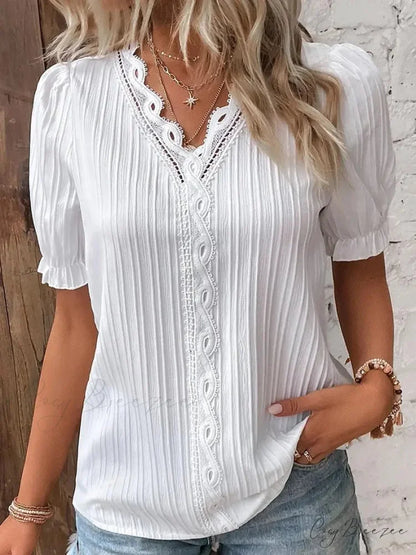 Plain Seductive V-neck Spliced Short Sleeve Blouse WHITE / S blouse-250126