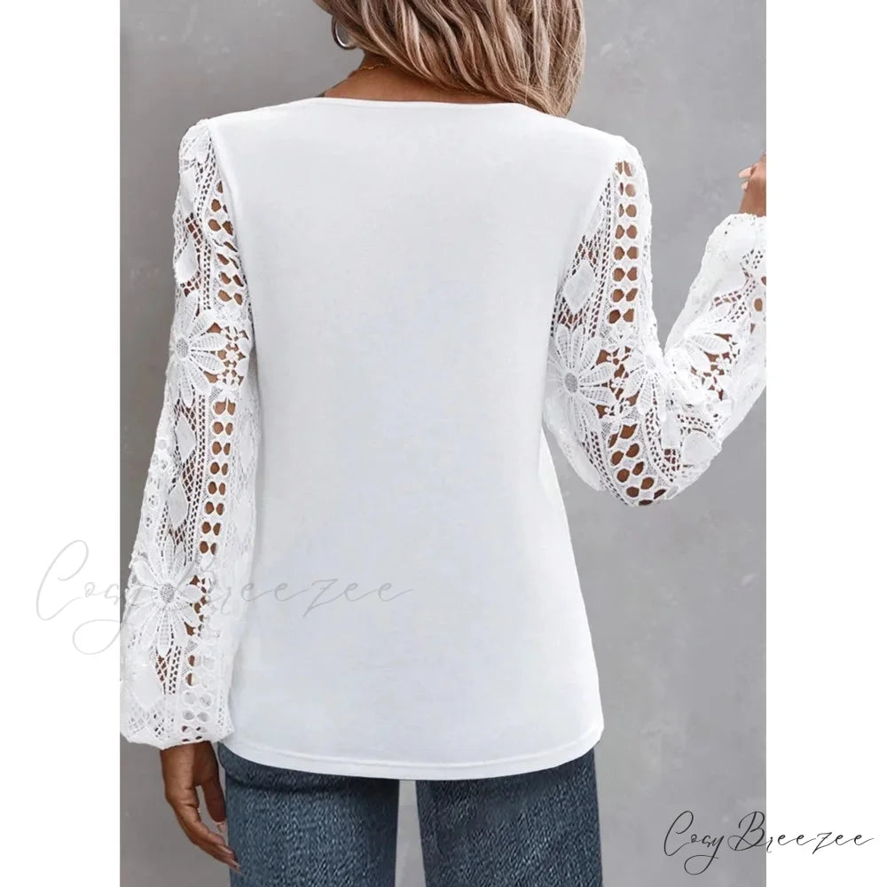 Plain Stylish Elegant Cut-out Lace Blouse blouse-250126