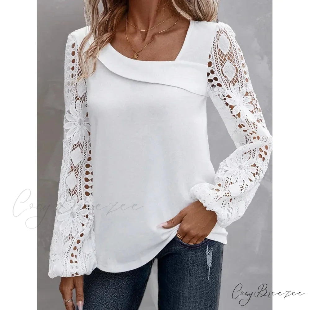 Plain Stylish Elegant Cut-out Lace Blouse blouse-250126