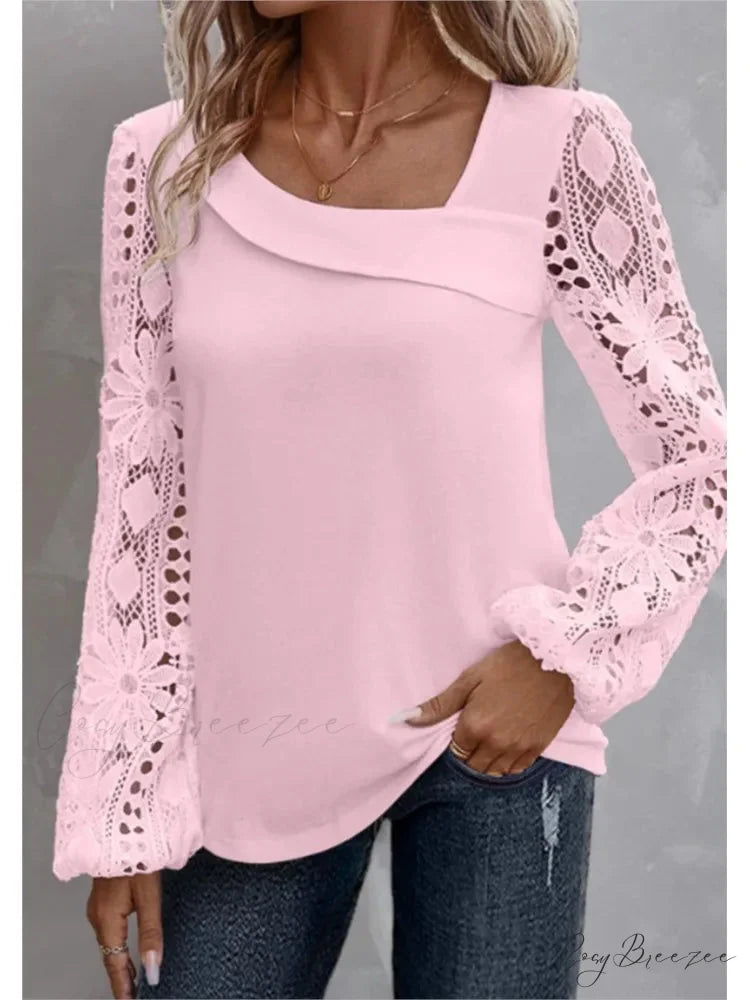 Plain Stylish Elegant Cut-out Lace Blouse Pink / S blouse-250126
