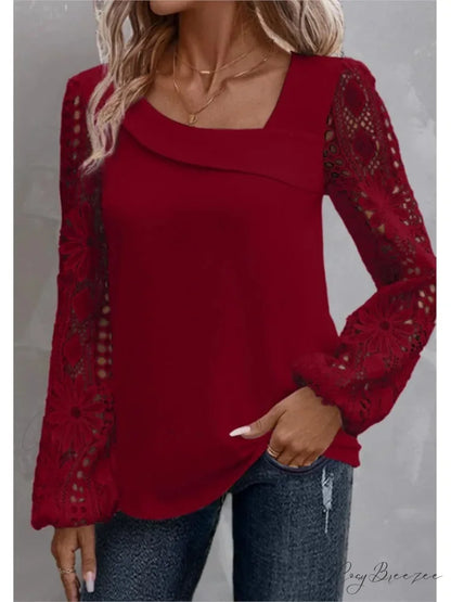 Plain Stylish Elegant Cut-out Lace Blouse Red / S blouse-250126