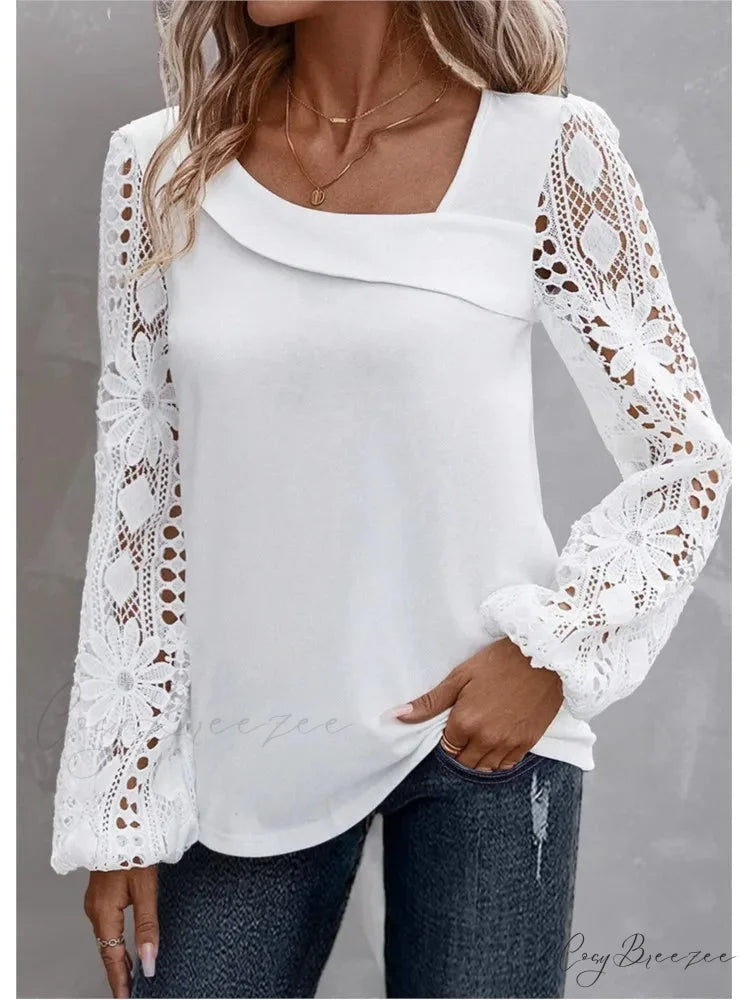 Plain Stylish Elegant Cut-out Lace Blouse WHITE / S blouse-250126