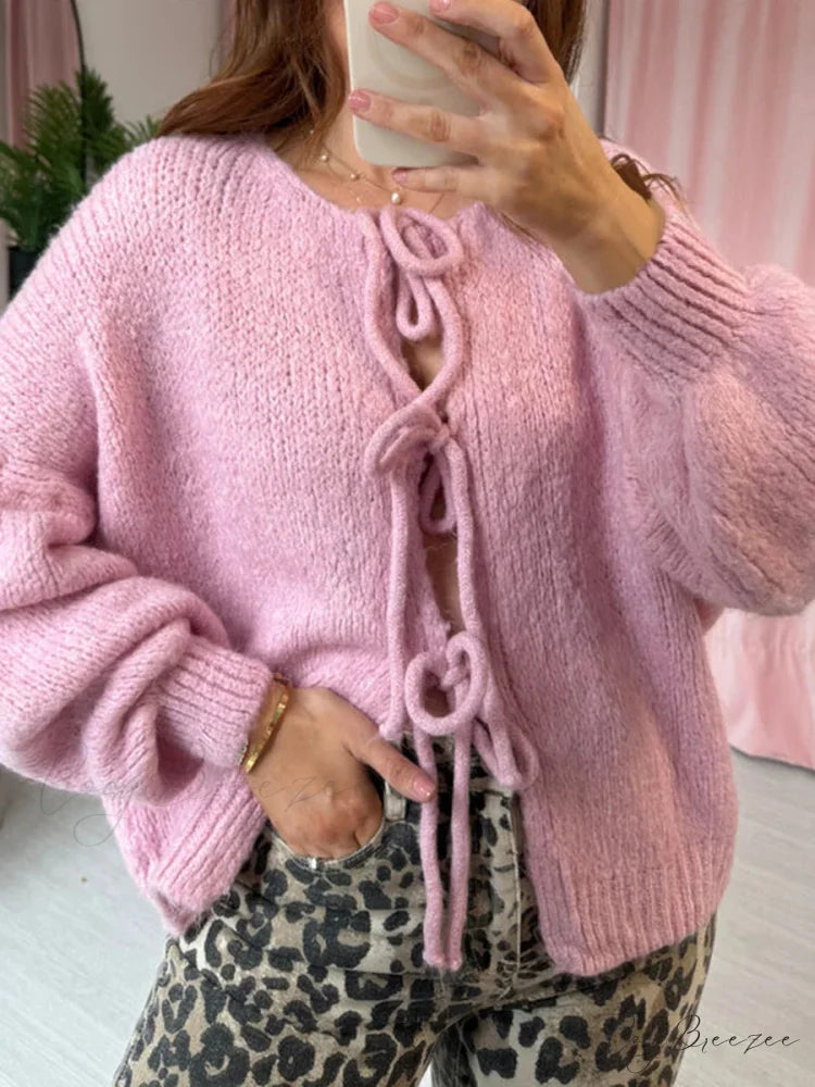 Plain Tie Front Round Neck Loose Cardigan cardigans-241228