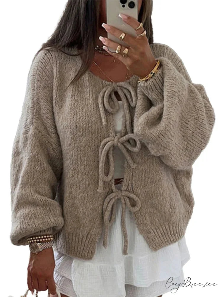 Plain Tie Front Round Neck Loose Cardigan Khaki / S cardigans-241228