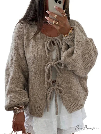 Plain Tie Front Round Neck Loose Cardigan Khaki / S cardigans-241228
