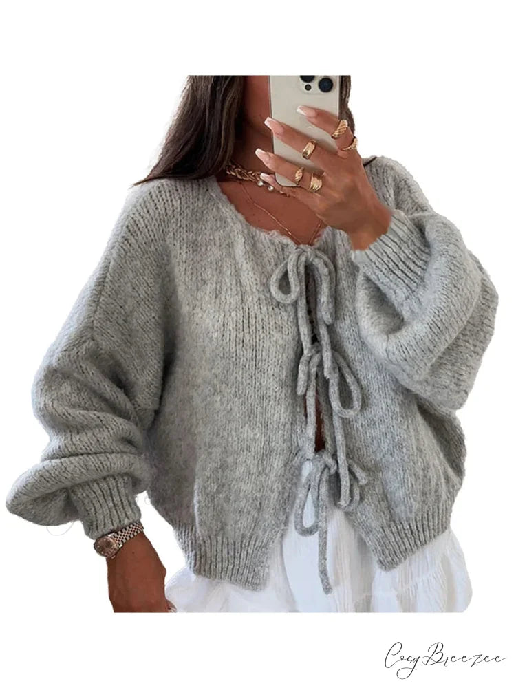 Plain Tie Front Round Neck Loose Cardigan Light Grey / S cardigans-241228