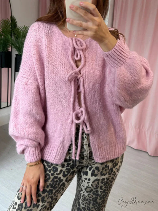 Plain Tie Front Round Neck Loose Cardigan Pink / S cardigans-241228