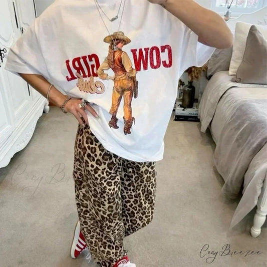 Playful Western Aged Cowgirl Print Tee WHITE / S t-shirt-250223