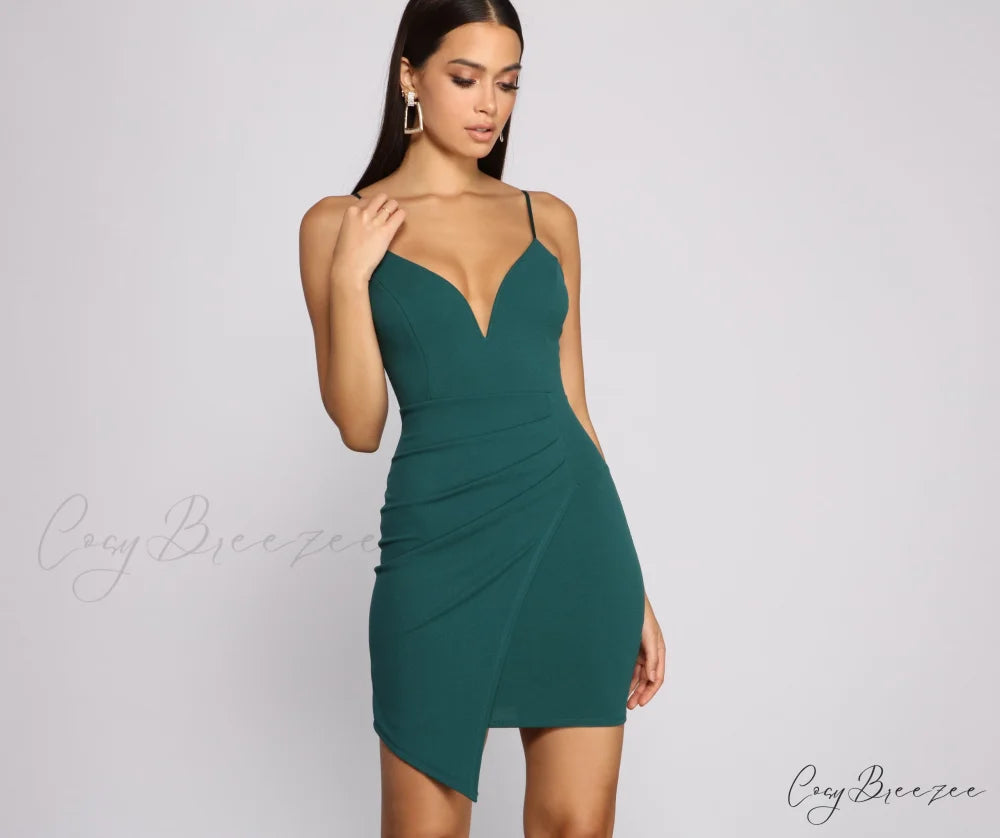 Pleat Me Tonight Charming Asymmetrical Mini Dress HUNTER / XS
