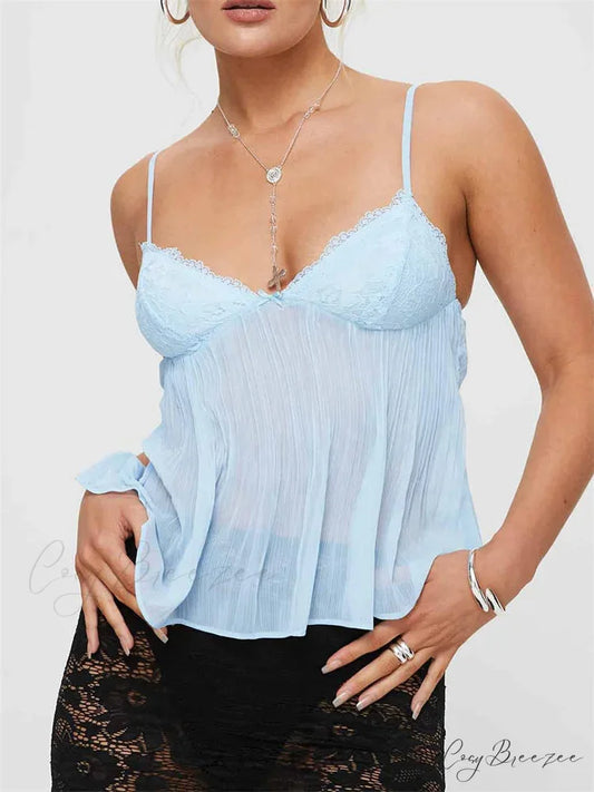 Pleated Bowknot Lace Sheer Crop Top BLUE / S croptop-250126