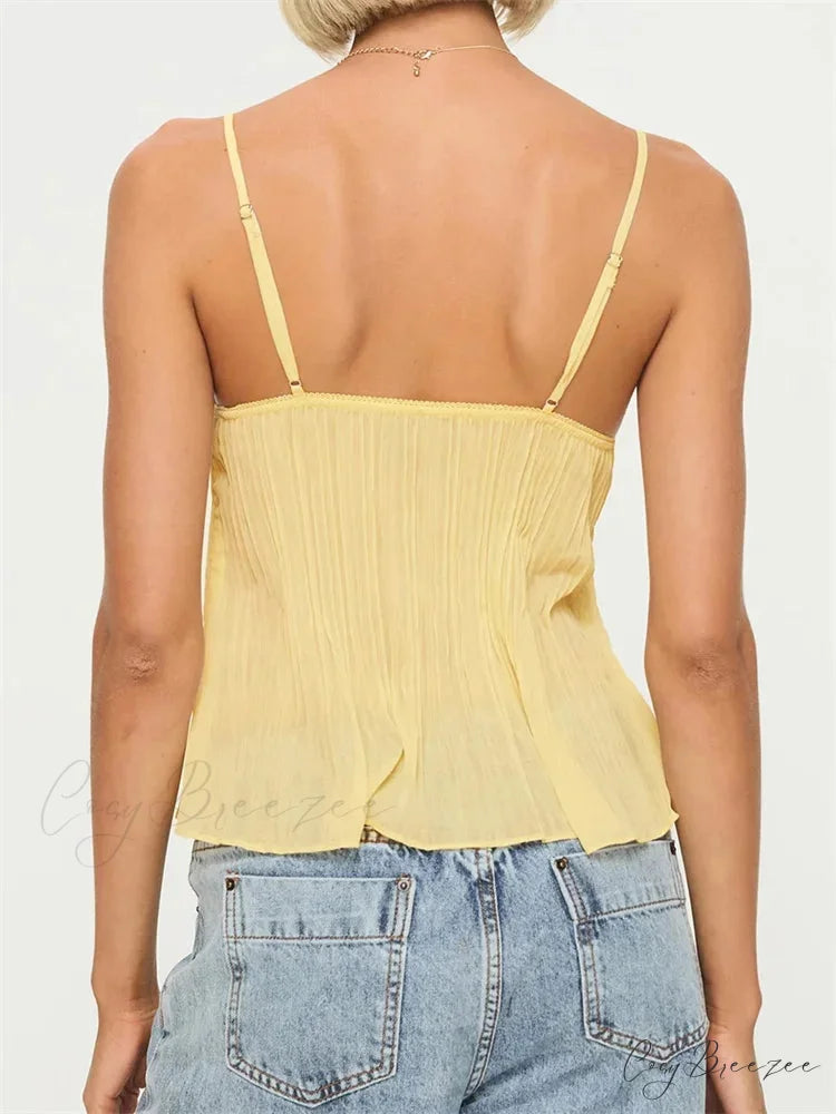 Pleated Bowknot Lace Sheer Crop Top croptop-250126