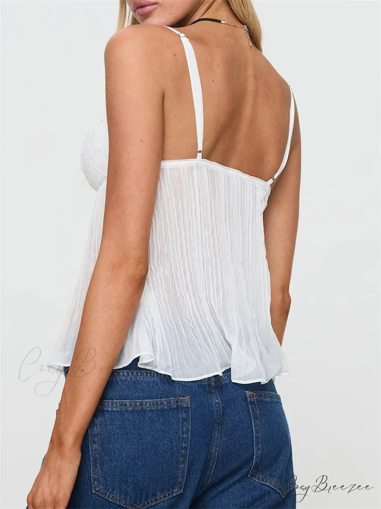 Pleated Bowknot Lace Sheer Crop Top croptop-250126