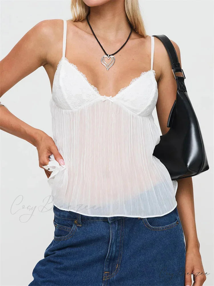 Pleated Bowknot Lace Sheer Crop Top WHITE / S croptop-250126